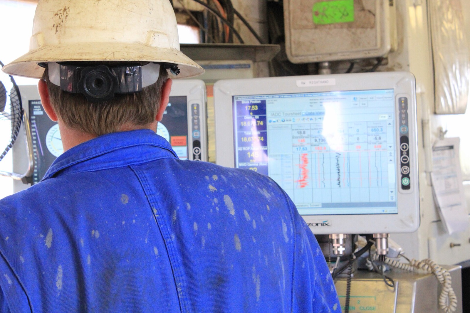 Rig worker monitoring drilling instruments